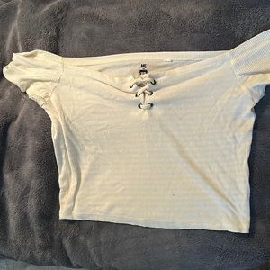 Yellow and white stripped off the shoulder crop top